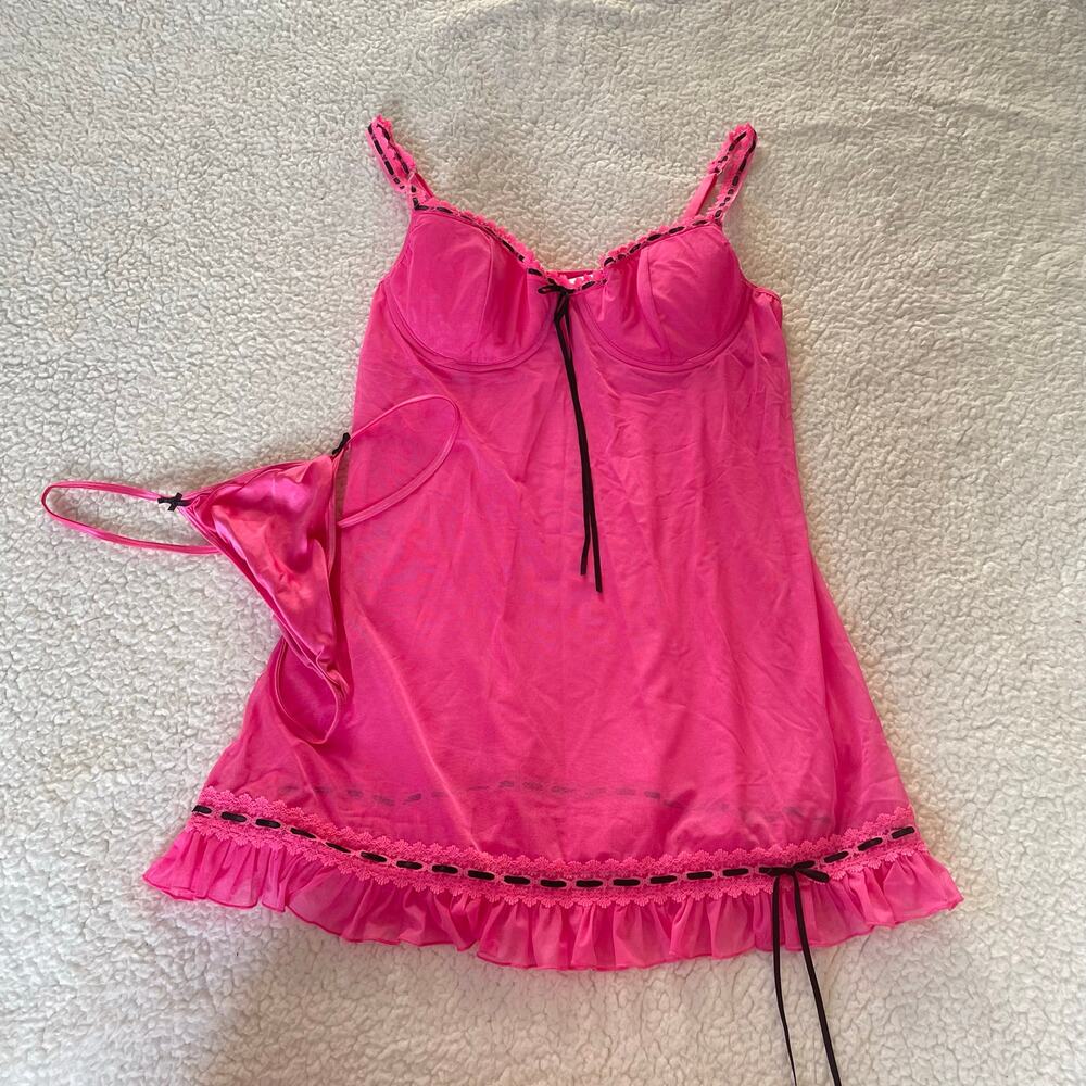 Victoria’s Secret Pink Satin Babydoll Set Lace Trim Lingerie Size 36C